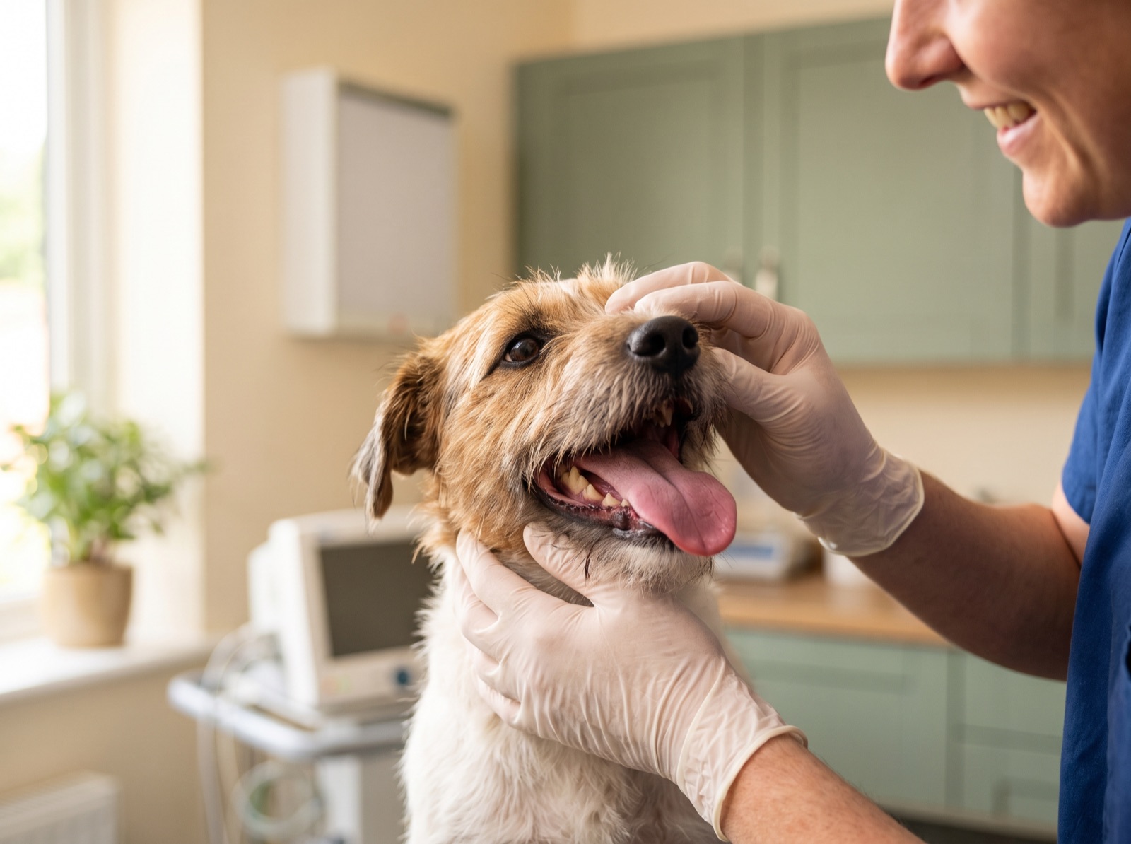 A happy dog having its teeth gently checked at Brightpaw Veterinary.