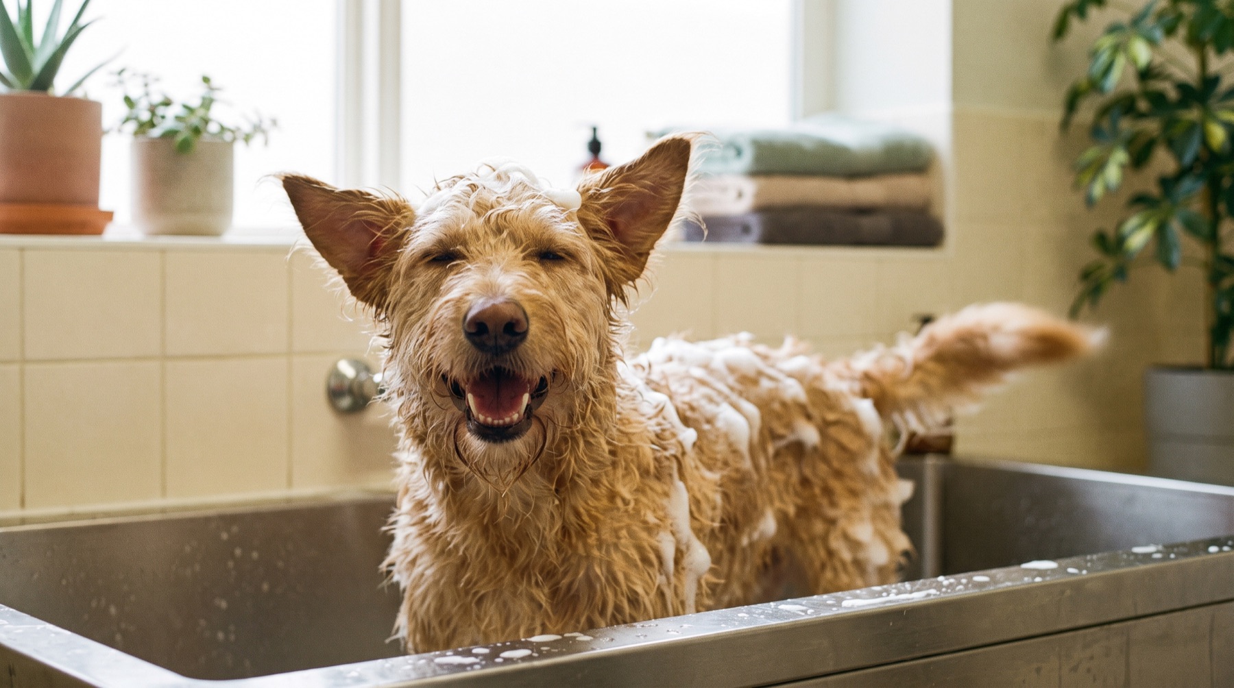 A fluffy dog enjoying a bath in the Brightpaw Veterinary grooming wing.