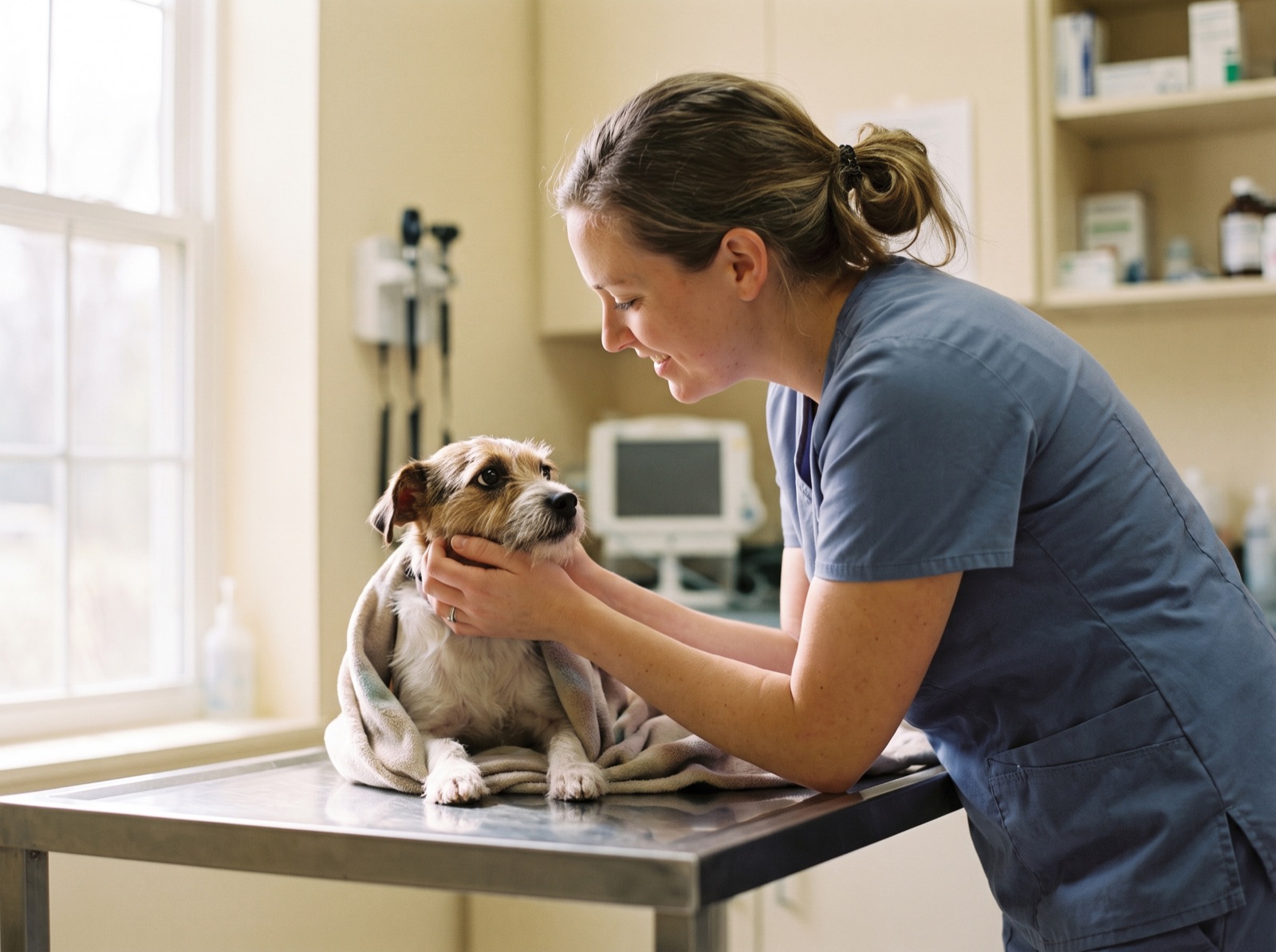A veterinary technician gently comforts a nervous small dog on an exam table during an urgent care visit.