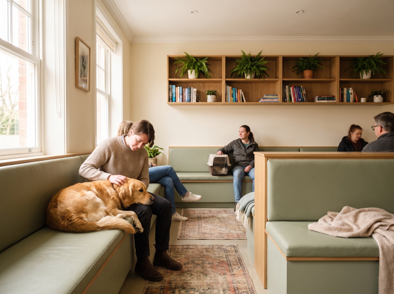 A cozy, calm waiting room at Brightpaw Veterinary with a relaxed dog beside its owner.