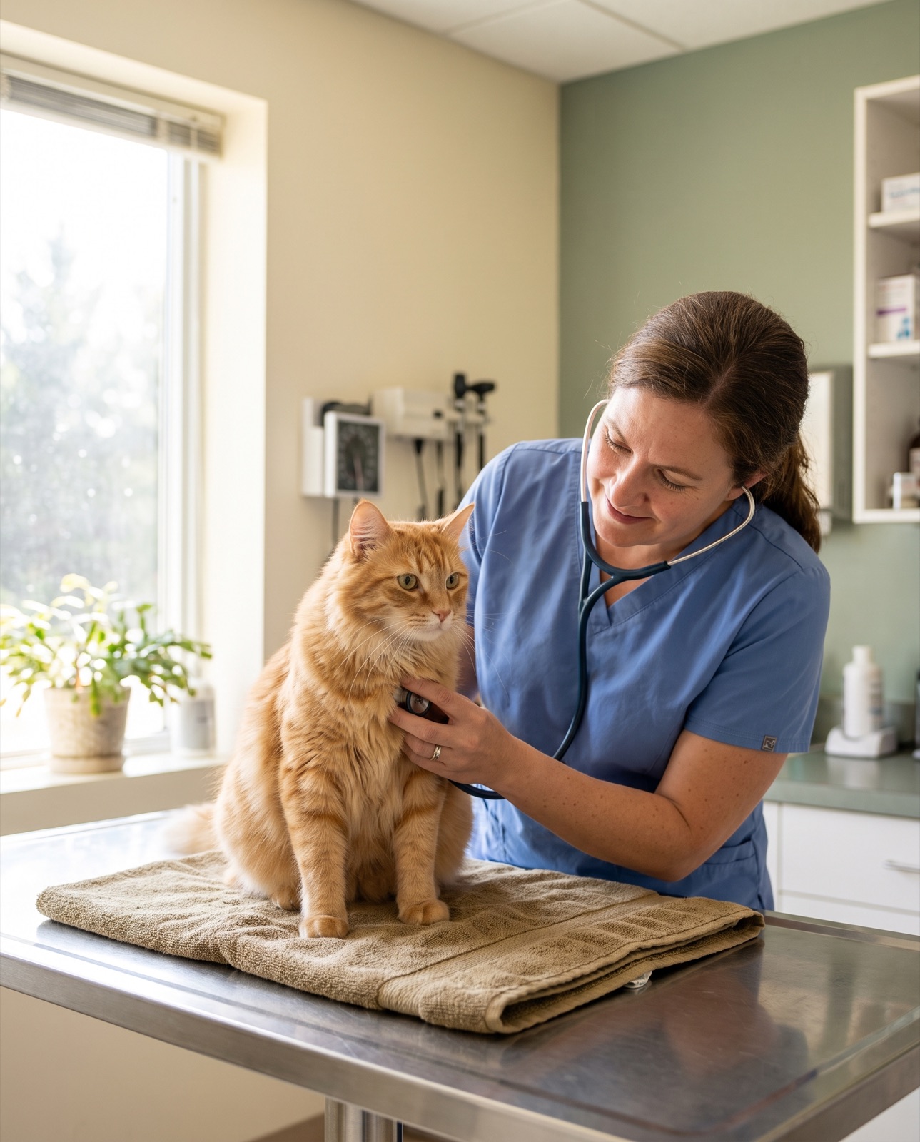 A veterinarian examining an orange tabby cat during a wellness visit.